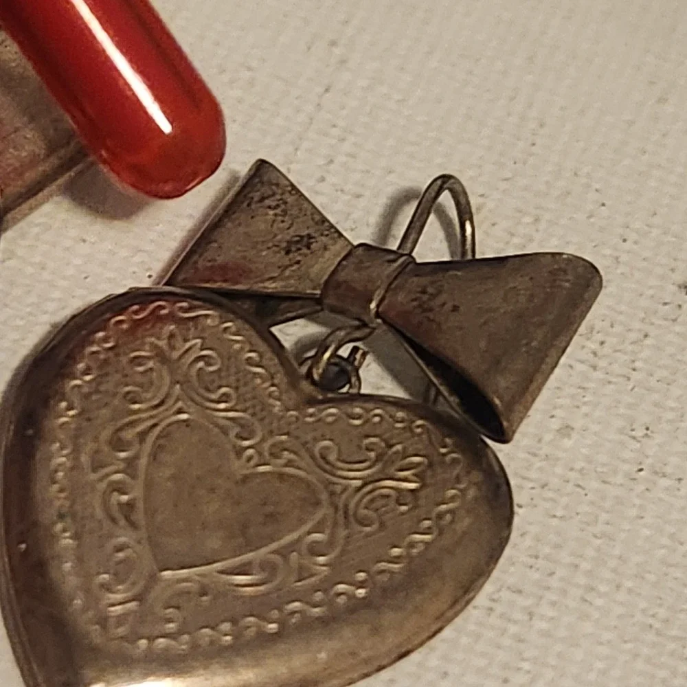 Vintage Heart Locket Earrings Engraved‎ Bow Drop Silver Tone Romantic Jewelry